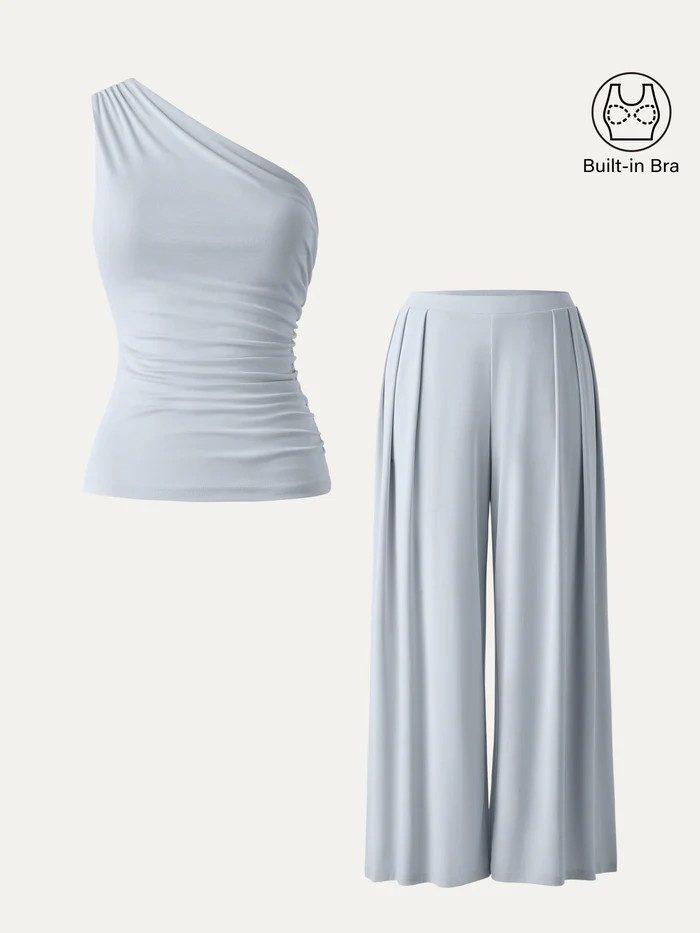 2Pcs Set Regular Wide Leg Palazzo Pants with Pockets & Ruched Bra Tank | OGLmove