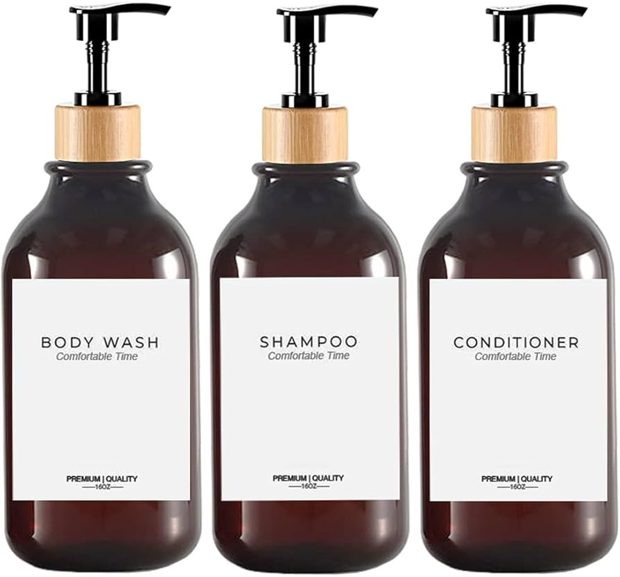 Shampoo and Conditioner Bottles, Apothecary Dispenser Bamboo Pump, Refillable Shampoo Bottles for... | Amazon (US)
