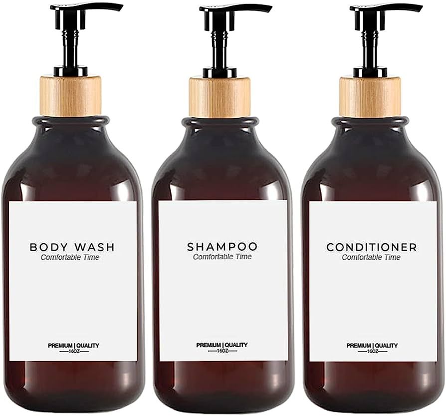 Shampoo and Conditioner Bottles, Apothecary Dispenser Bamboo Pump, Refillable Shampoo Bottles for... | Amazon (US)