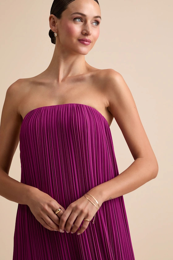 Yamuna Magenta Pleated Strapless Maxi Dress | Lulus