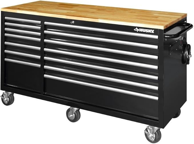Husky 62 in. 14-Drawer Mobile Workbench with Solid Wood Top, Black - - Amazon.com | Amazon (US)