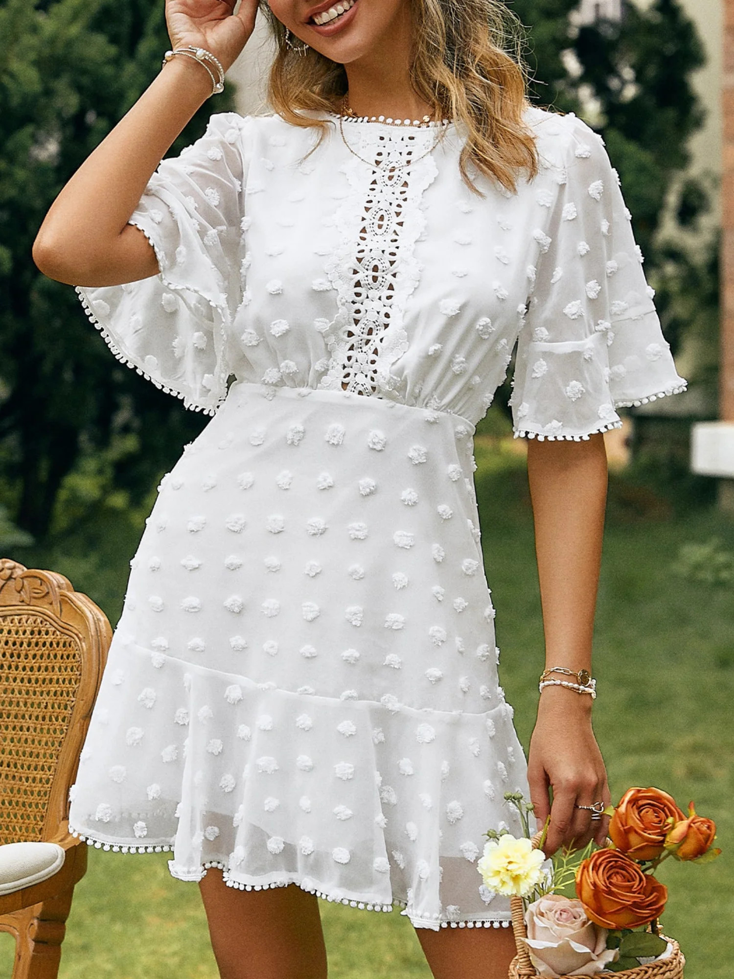 'Jayla' Swiss Dot Flare Sleeve Lace Mini Dress (3 Colors) | Goodnight Macaroon