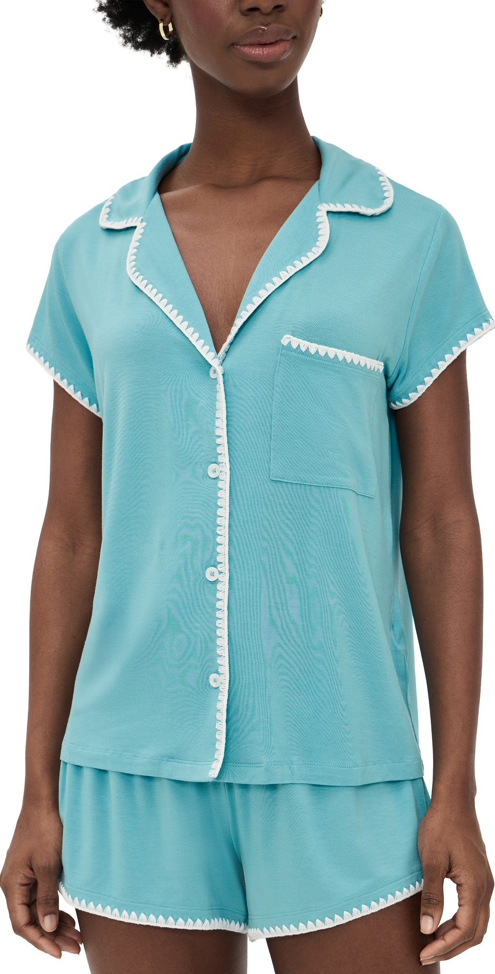 Eberjey Frida Whip Stitch Shorts PJ Set Blue Lagoon/Ivory M | Shopbop