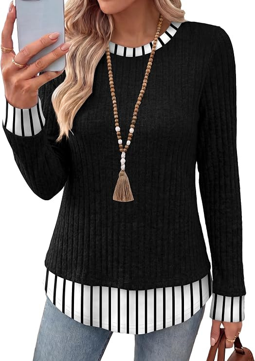 WIHOLL Womens Long Sleeve Shirts Fall Outfits Color Block Fashion Clothing Lightweight Tunic Tops... | Amazon (US)