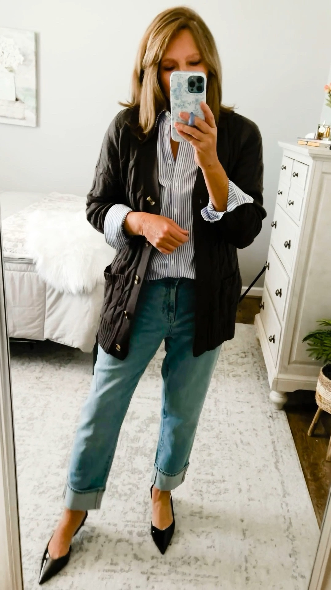#ootd Talbots no iron striped shirt and everyday jeans are 30% off! Both fit tts, more colors available. Styled it with kitten heel sling back pumps and a cozy cardigan from Amazon. DSW is having a sale, get $10,$20, or $60 off your order! 

Fall outfit, jeans, everyday outfit, thanksgiving outfit, business casual, over 40 style, over 50 fashion, Amazon fashion, sale, fall fashion finds, casual workwear 

#LTKStyleTip #LTKSaleAlert #LTKWorkwear