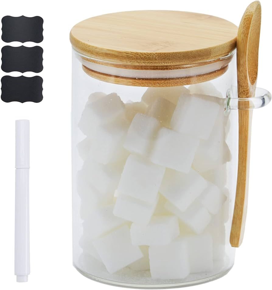 FyndraX Glass Sugar Jar with Bamboo Lid, 15 Oz Airtight Salt Container with Spoon and Labels for ... | Amazon (US)