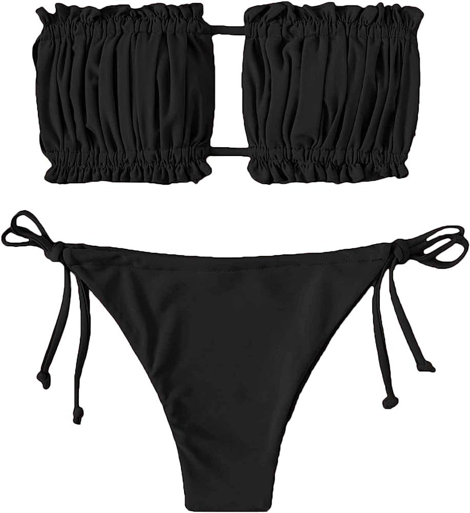 Floerns Women's Tie Back Ruched Bandeau with Cheeky Thong Bikini Bathing Suit | Amazon (US)
