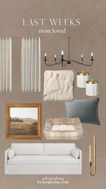 Last weeks most loved in home decor: plaid curtains, chandelier under $200, knit king size bed blanket, bathroom canisters, euro pillow, affordable art, plaid dog bed, sofa under $500, brass candle wall sconce 

#LTKhome