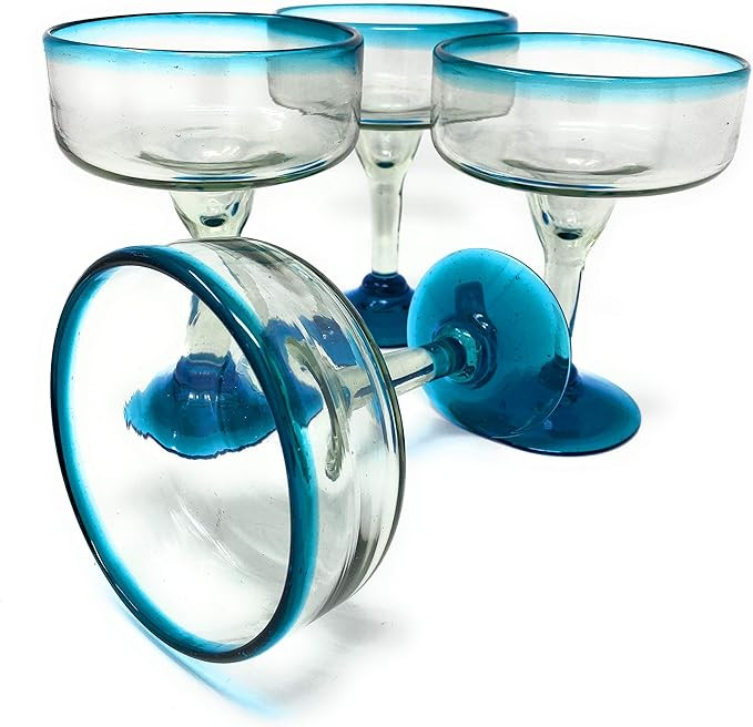 Mexican Hand Blown Glass – Set of 4 Hand Blown Margarita Glasses (16 oz) with Aqua Blue Rims | Amazon (US)