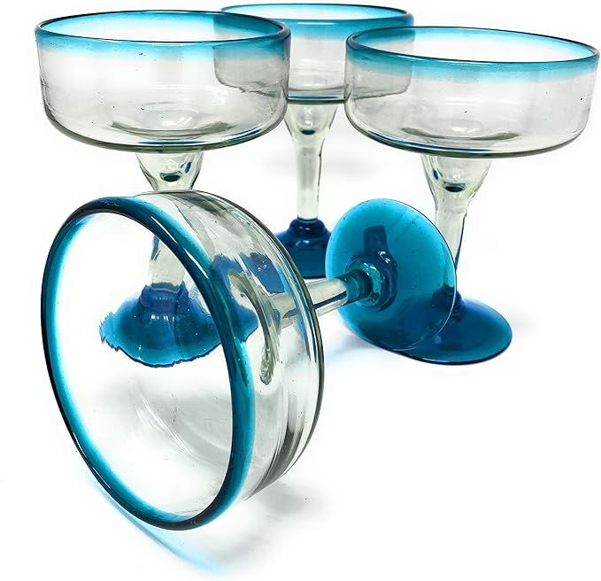 Mexican Hand Blown Glass – Set of 4 Hand Blown Margarita Glasses (16 oz) with Aqua Blue Rims | Amazon (US)