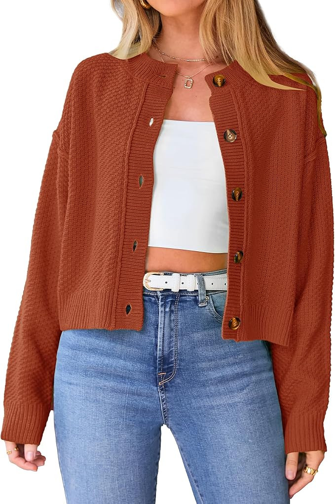 PRETTYGARDEN Women Casual Open Front Button Down Cropped Cardigan Sweaters Cute Fall Long Sleeve ... | Amazon (US)