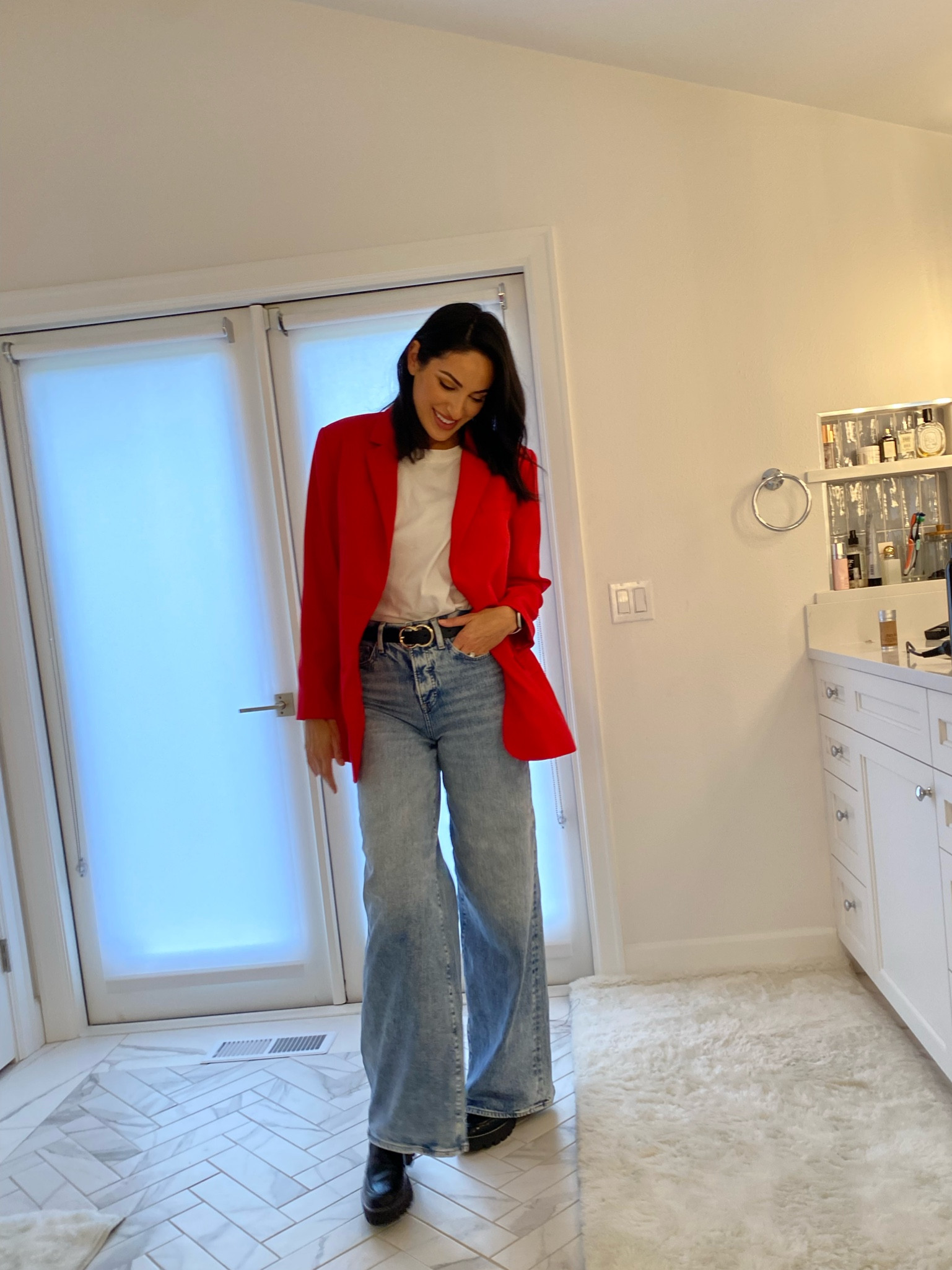 On the go sheek look! 

I am obsessed with these wide leg pants paired with a BRIGHT red festive blazer and the most comfortable loafers! ❤️❤️❤️

#LTKfindsunder100 #LTKworkwear #LTKstyletip