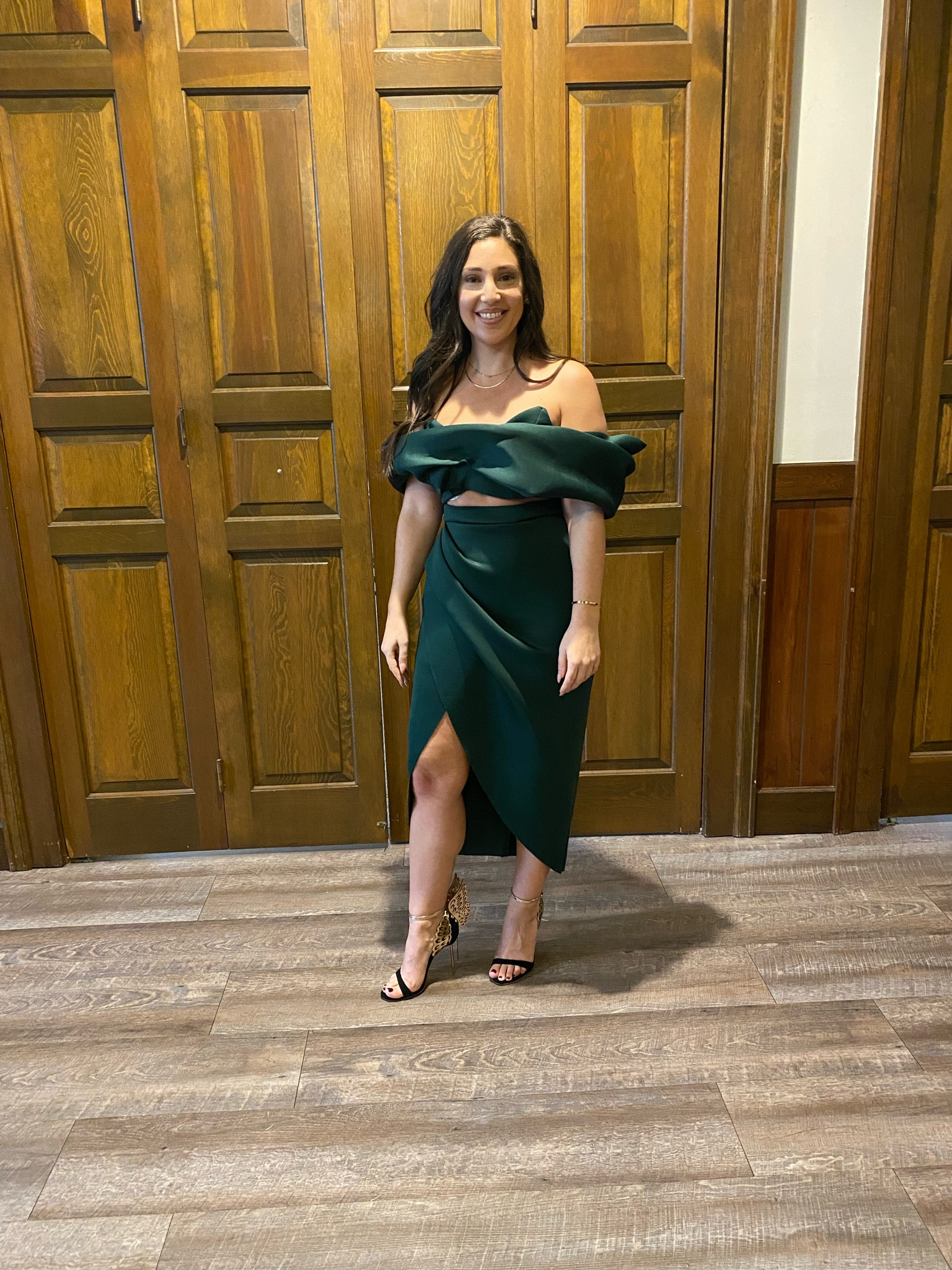 Wedding guest vibes. I loved this green off the shoulder dress for a Fall wedding. The color is great and the dress itself looks more expensive than it is. I went up a size and even though this is in the tall section it was fine for me and I’m 5’1”. Also these Sophia Webster butterfly heels are always a show stopper. So perfect for adding a little fun to a cocktail dress  

#LTKwedding #LTKHoliday #LTKSeasonal