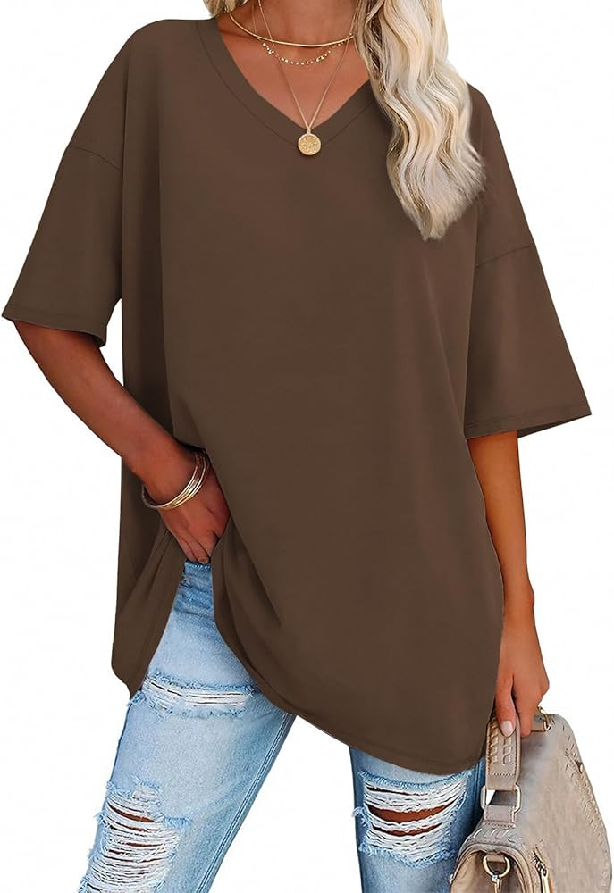 ATHMILE Womens Oversized T Shirts V Neck Tees Half Sleeve Cozy Comfy Tunic 2024 Y2K Tops Casual | Amazon (US)