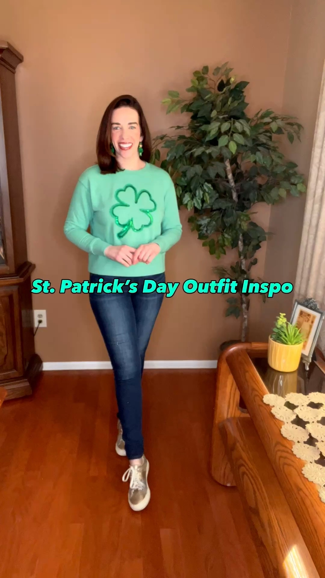 Green shamrock sweatshirt (xs). Dark wash mid rise skinny jeans (4). Gold and silver sneakers (8.5).  #sweatshirt #greensweatshirt #shamrocksweatshirt #jeans #skinnyjeans #midrisejeans #darkwashjeans #sneakers #goldsneakers #silversneakers #stpatricksdayoutfit 
st patricks day outfit women 
spring outfits 2026 @tjmaxx @Express @Macys @Guess @Target 

#LTKSeasonal #LTKootd #LTKSpringSale