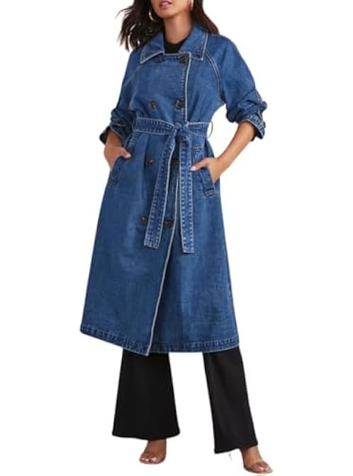 Women's Oversized Midi Long Denim Jacket Lapel Collar Double Breasted Jean Jacket Trench Coat wit... | Amazon (US)