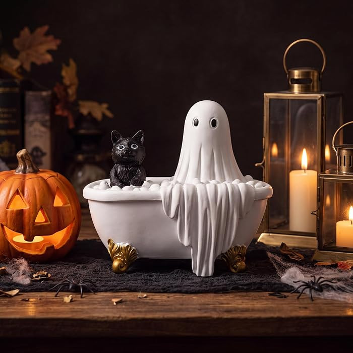Threehoney Halloween Ghost Figurine Ghost Black Cat in Bathtub Halloween Decorations Indoor Black Cat Bathroom Decor Resin Statue Cute Spooky Ornament for Home Kitchen Desk Indoor Bathroom Decoration | Amazon (US)