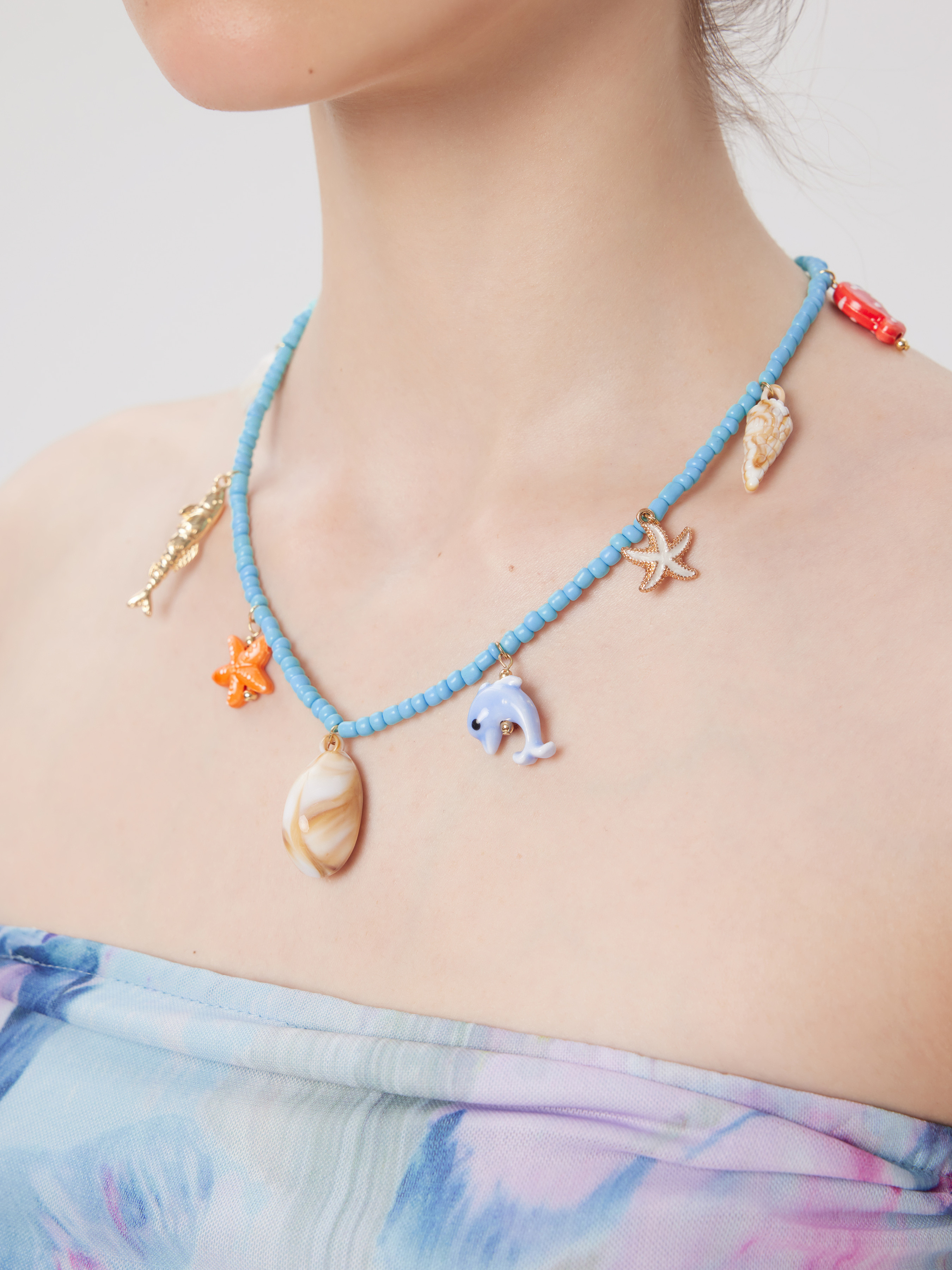 COLORFUL FISH & SHELL & STARFISH PENDANT BEADED NECKLACE For Vacation Beach | Cider