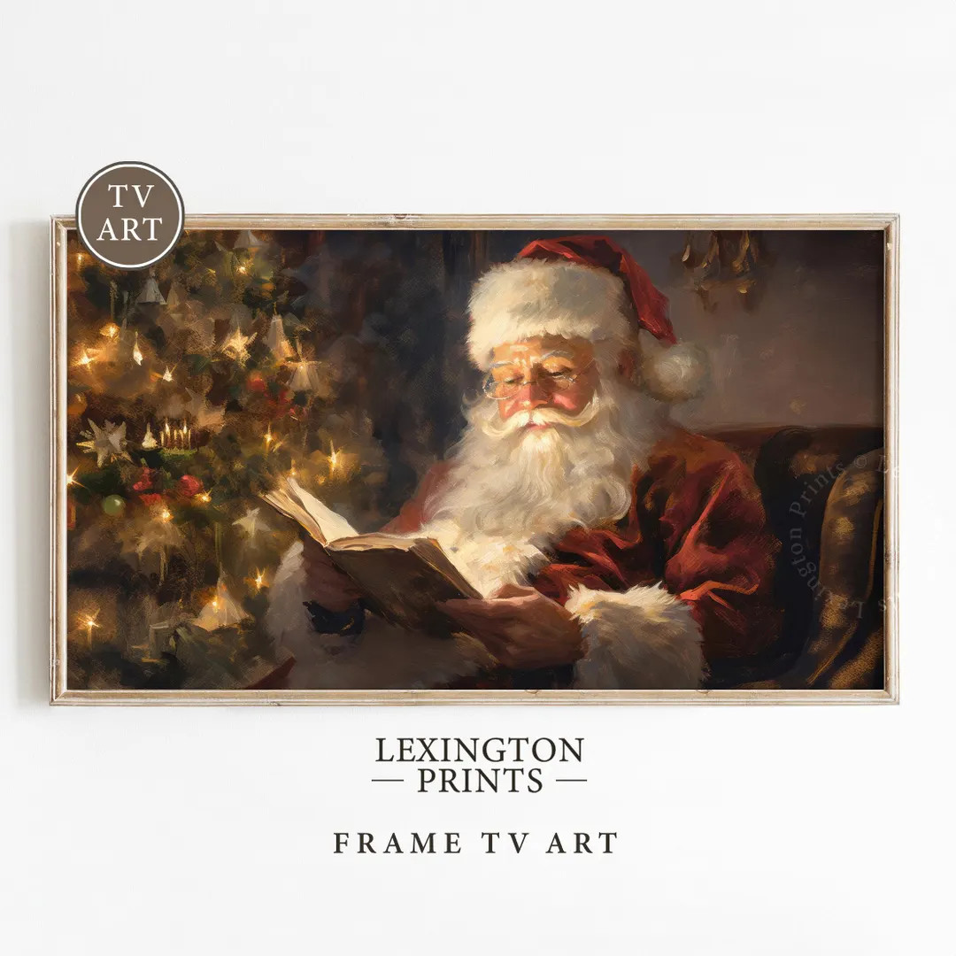 Santa Reading Book Christmas Frame TV Art Christmas Santa Christmas Wall Art Winter Academia Art ... | Etsy (US)