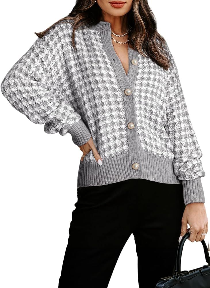 Dokotoo Cardigan Sweaters for Women V Neck Button Down Long Sleeve Plaid Knit Cardigans Sweater T... | Amazon (US)
