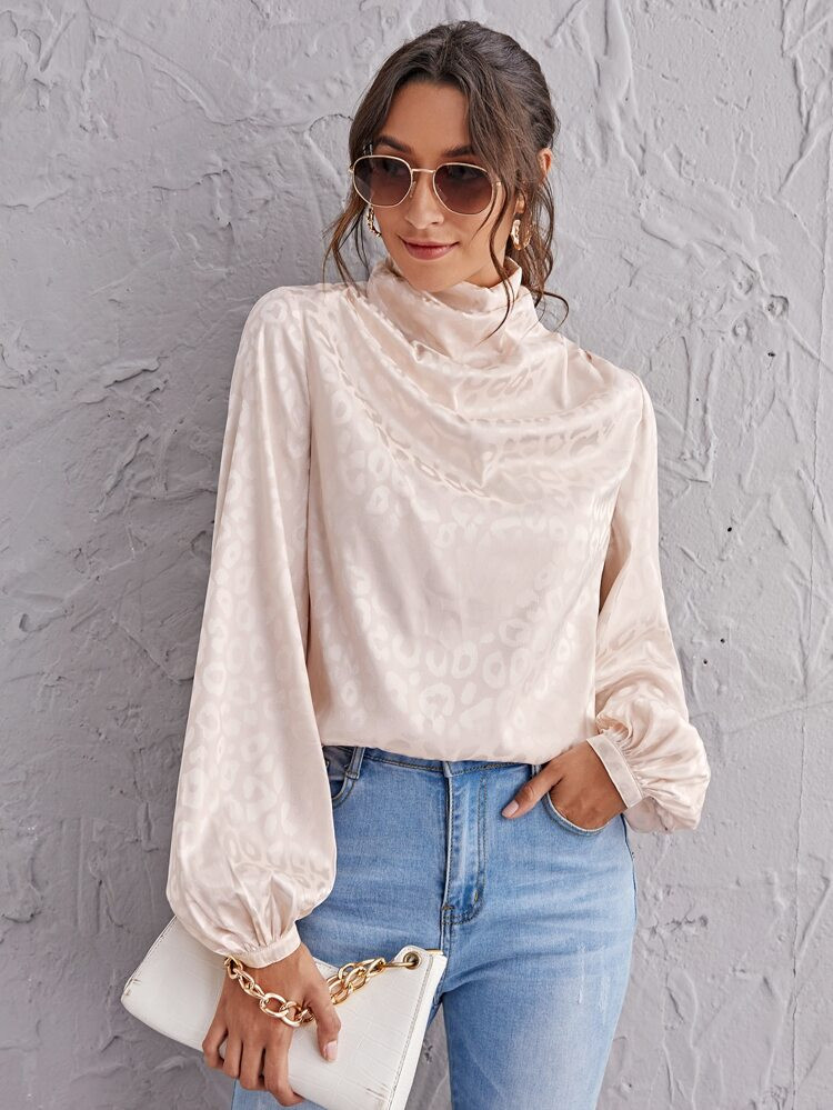 SHEIN Draped Front Lantern Sleeve Leopard Jacquard Satin Top | SHEIN