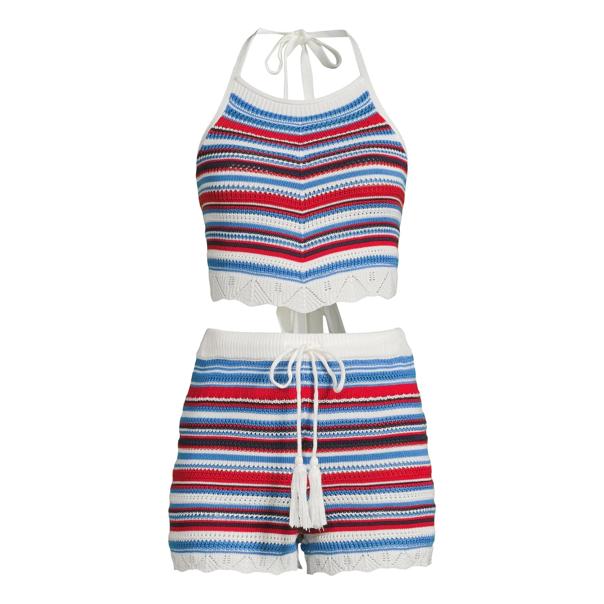 No Boundaries Juniors’ Striped Crochet Halter and Shorts Set, 2-Piece, Sizes XS-XXXL | Walmart (US)