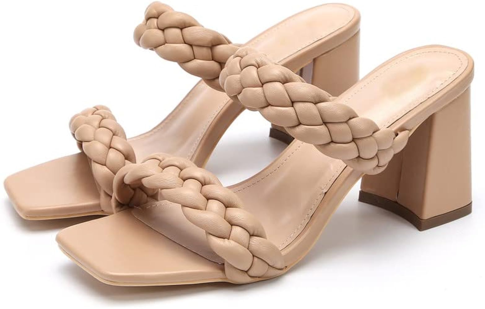 Women Braided Heels Sandals Woven Chunky Square Open Toe Backless Sandals Slip On Strappy Block Heel | Amazon (US)