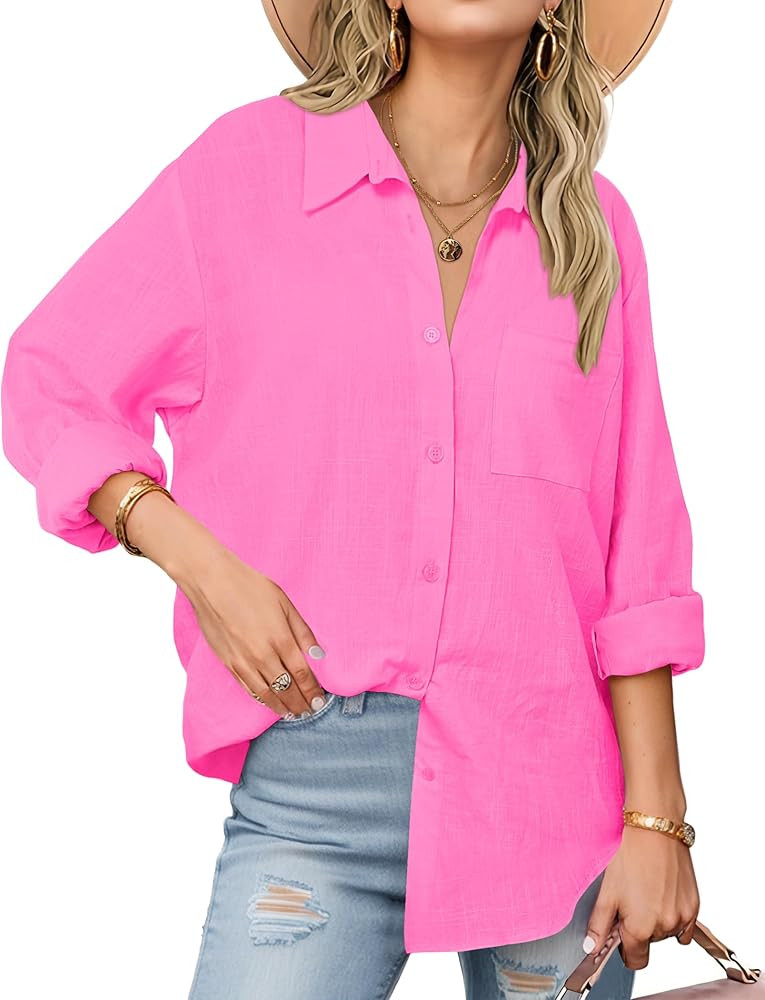 Zeagoo Womens Button Down Shirts Long Sleeve Cotton Gauze Tops Casual Collared Blouses Loose Fit | Amazon (US)