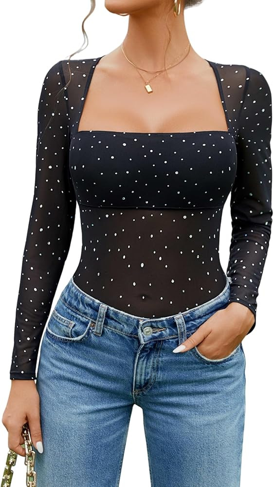 Avidlove Women's Trendy Sexy Square Neck Long Sleeve Rhinestone Sheer Mesh Bodysuits Tops | Amazon (US)