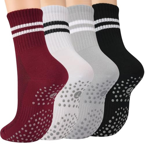 floconssy Pilates Socks with Grips for Women, Yoga Non Slip Grippy Crew Socks for Hospital Barre Gym Sticky Slipper Socks 4 Pairs Red Size 6-10 | Amazon (US)