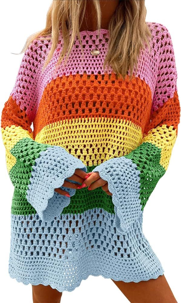 Langwyqu Womens Summer Crochet Swimsuit Coverup Long Sleeve Color Block Bathing Suit Swimwear Cov... | Amazon (US)
