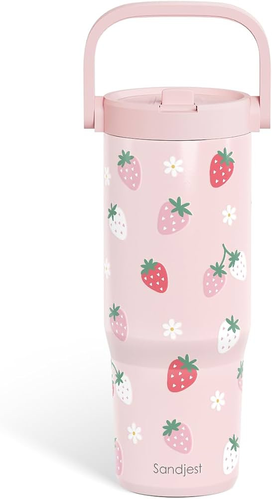 SANDJEST Strawberry Stainless Steel Straw Lid Tumbler 30oz with Carry Handle for Women Girls, Ins... | Amazon (US)