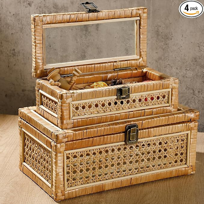 Set of 2 Boho Rattan Decorative Box with Glass Lid Rectangular Woven Cane Stacking Boxes for Disp... | Amazon (US)
