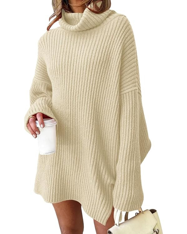 EFAN Womens Oversized Turtleneck Sweater Dress 2023 Trendy Pullover Ribbed Knit Dress | Amazon (US)