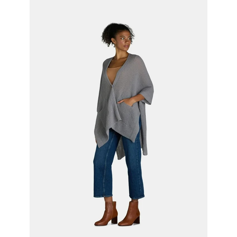 Time and Tru Women's Knit Fashion Ruana with Single Button, One Size, Heather Grey | Walmart (US)