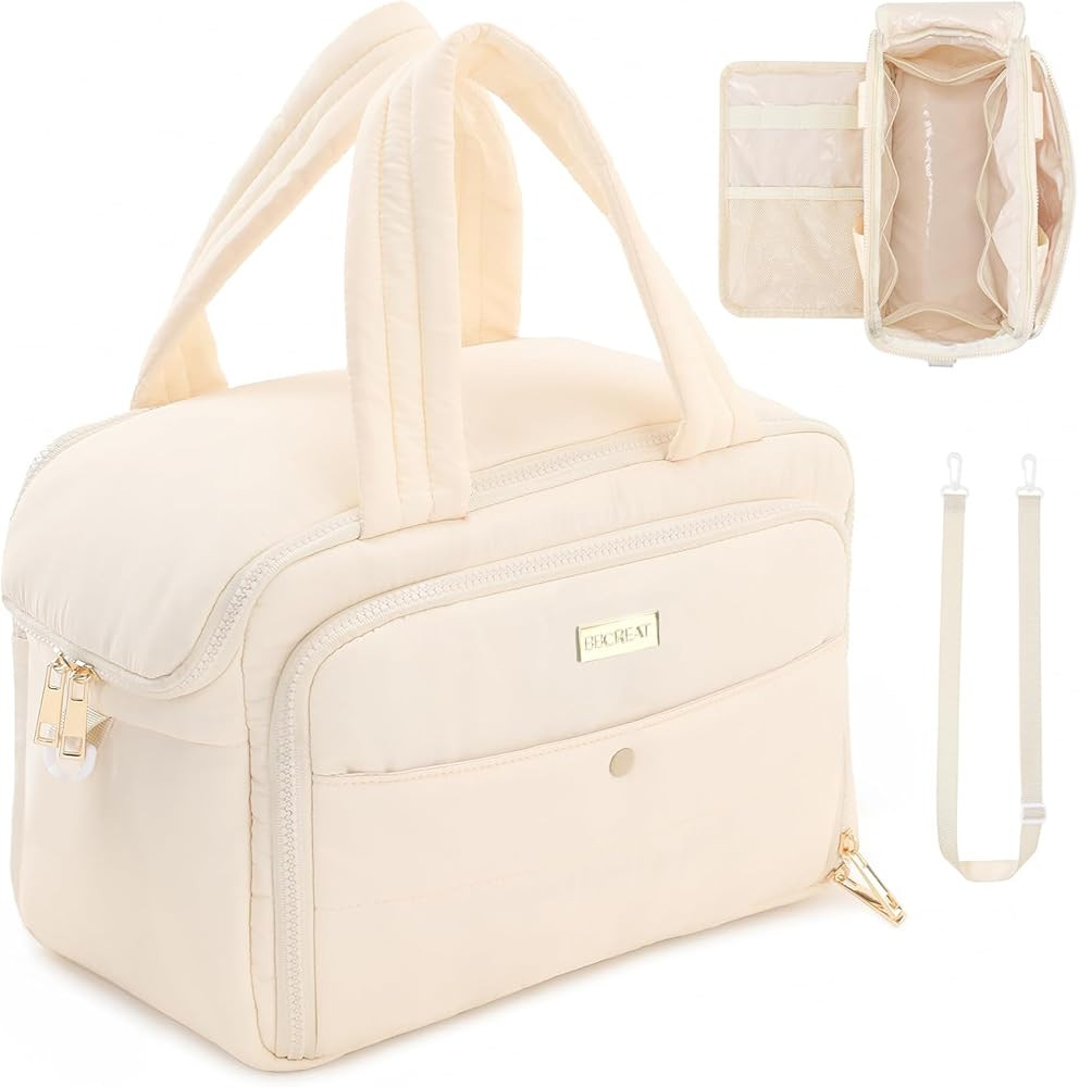 Large Travel Toiletry Bag for Women, Waterproof Puffy Organizer with Wide Handle & Shoulder Strap... | Amazon (US)