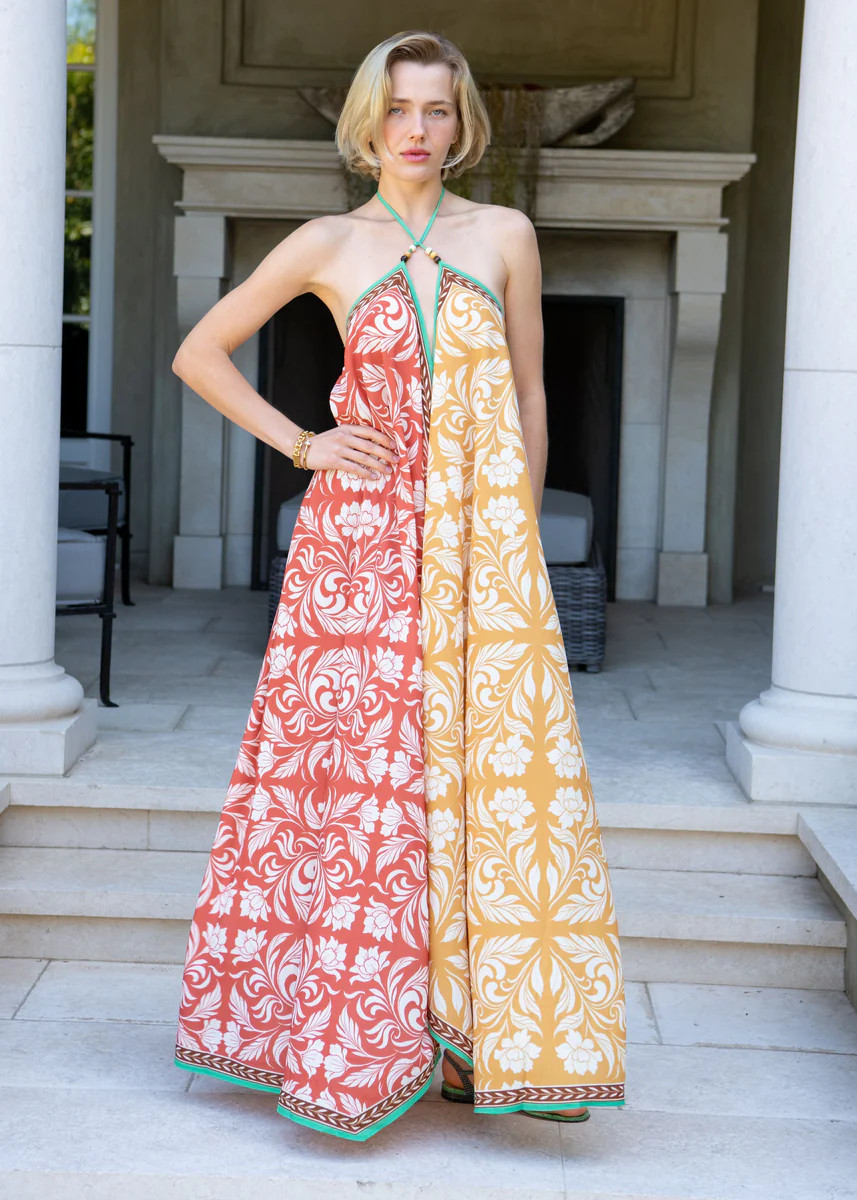 Xanthi Cross Neck Two Tone Printed Maxi Dress | Benaar La