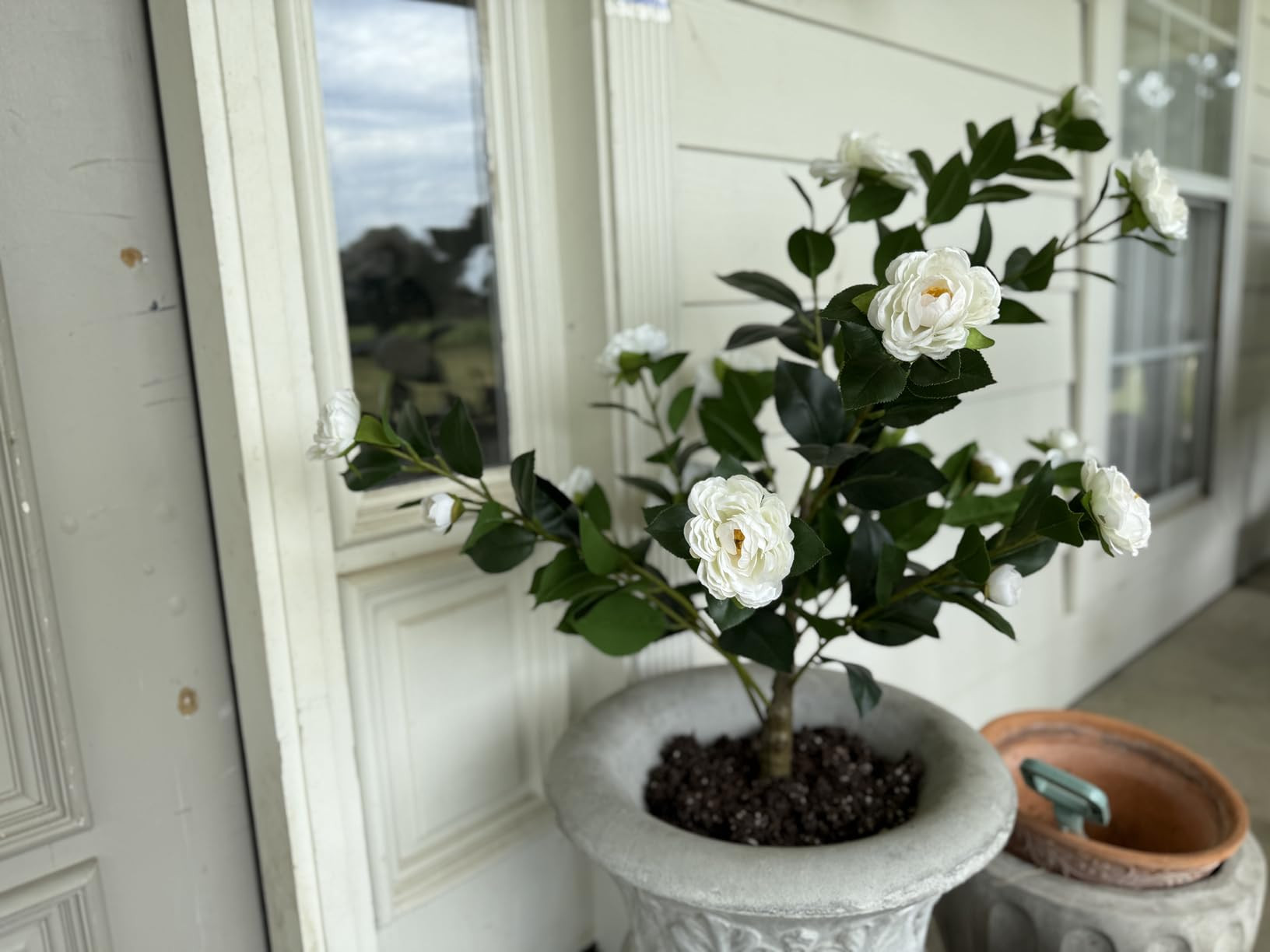 Hananona 2 Pcs Artificial Camellia Trees Faux Camellia Plant in Pot with Flowers Indoor Plants for Spring Home Decor Outdoor Porch Front Door Decor (White, M) | Amazon (US)