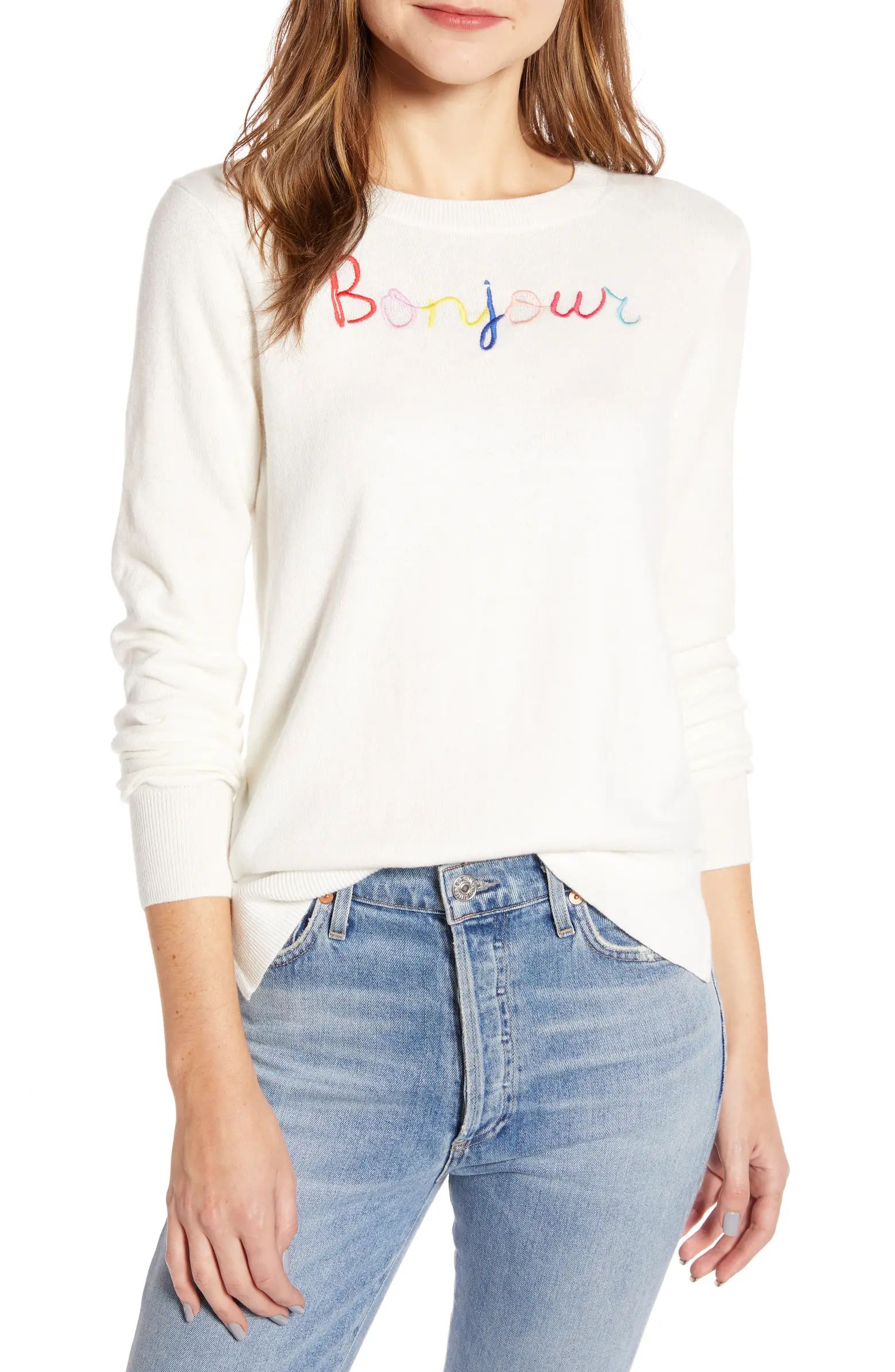 Bonjour Embroidery Crewneck Cotton & Wool Blend Sweater | Nordstrom