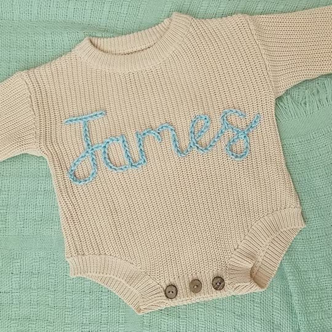 Hand Embroidered Baby Knit Sweater Romper, Baby Romper, Baby Photo Prop, Baby Name Sweater, Baby ... | Etsy (US)