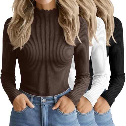 3 Pack Women's Cotton Long Sleeve Mock Turtleneck Tops Ribbed Lettuce Trim Slim Fit Shirts Therma... | Amazon (US)