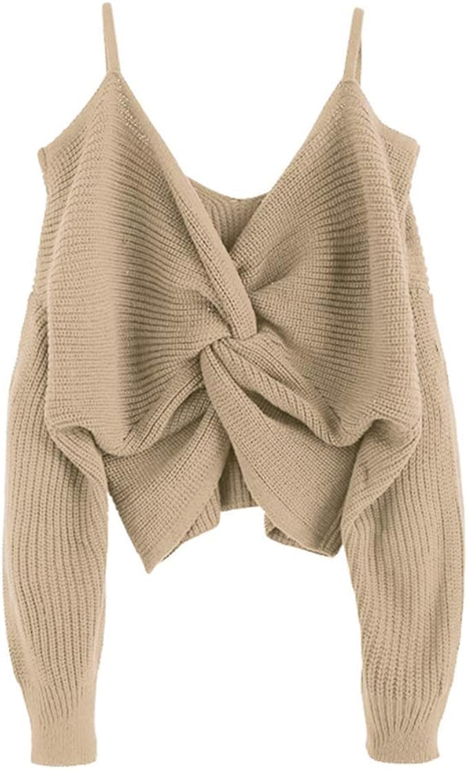 ZAFUL Women's Cold Shoulder Sweater Twist Knot Backless V Neck Straps Sexy Knit Pullover Jumper C... | Amazon (US)