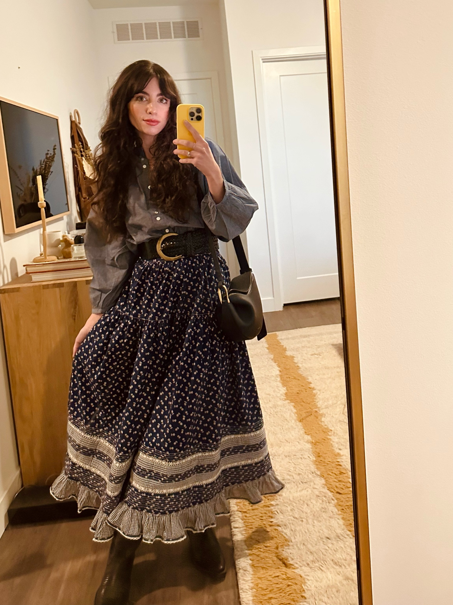 Full printed skirt and chambray top with cowgirl boots - love this combo! Thanksgiving outfit - holiday outfit - fall outfit ideas - knee high boots 

#LTKSeasonal #LTKstyletip #LTKHoliday