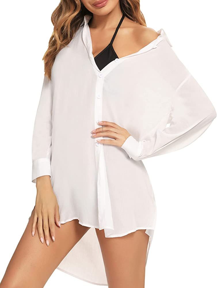 Roojaa Beachwear Bathing Suit Womens Cover Ups Swimwear Sheer Button Down Shirt | Amazon (US)