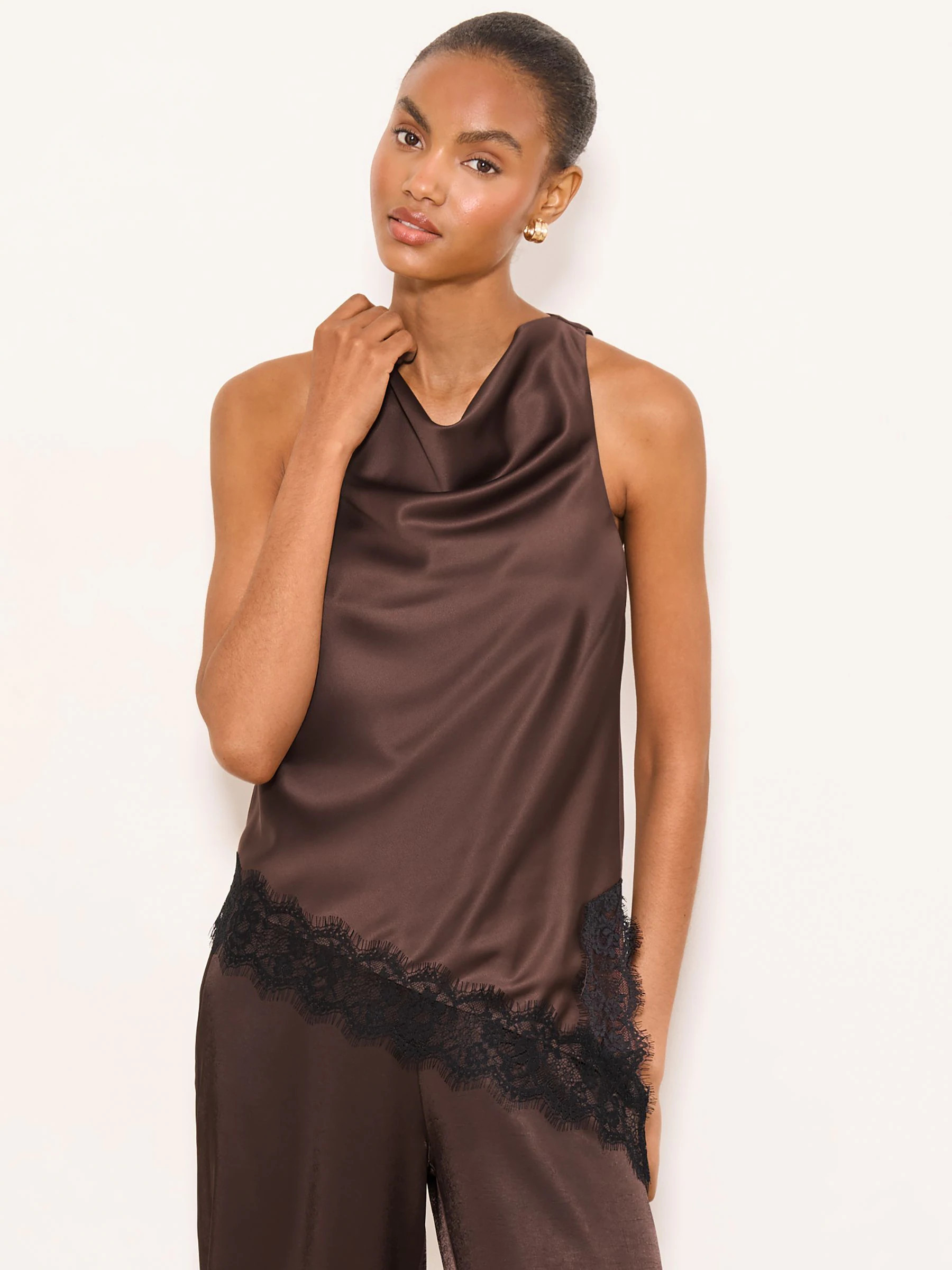 lipsy Lipsy Chocolate Brown Black Lace Satin Hem Detail Cowl Halter Neck Top | Next US