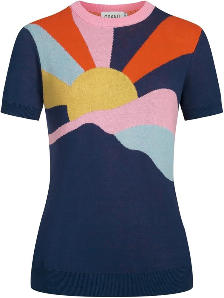 OXKNIT Women's Knit Short Sleeve T-Shirt Vintage Artistic Sunlight Pattern Crewneck Dark Blue Top... | Amazon (US)