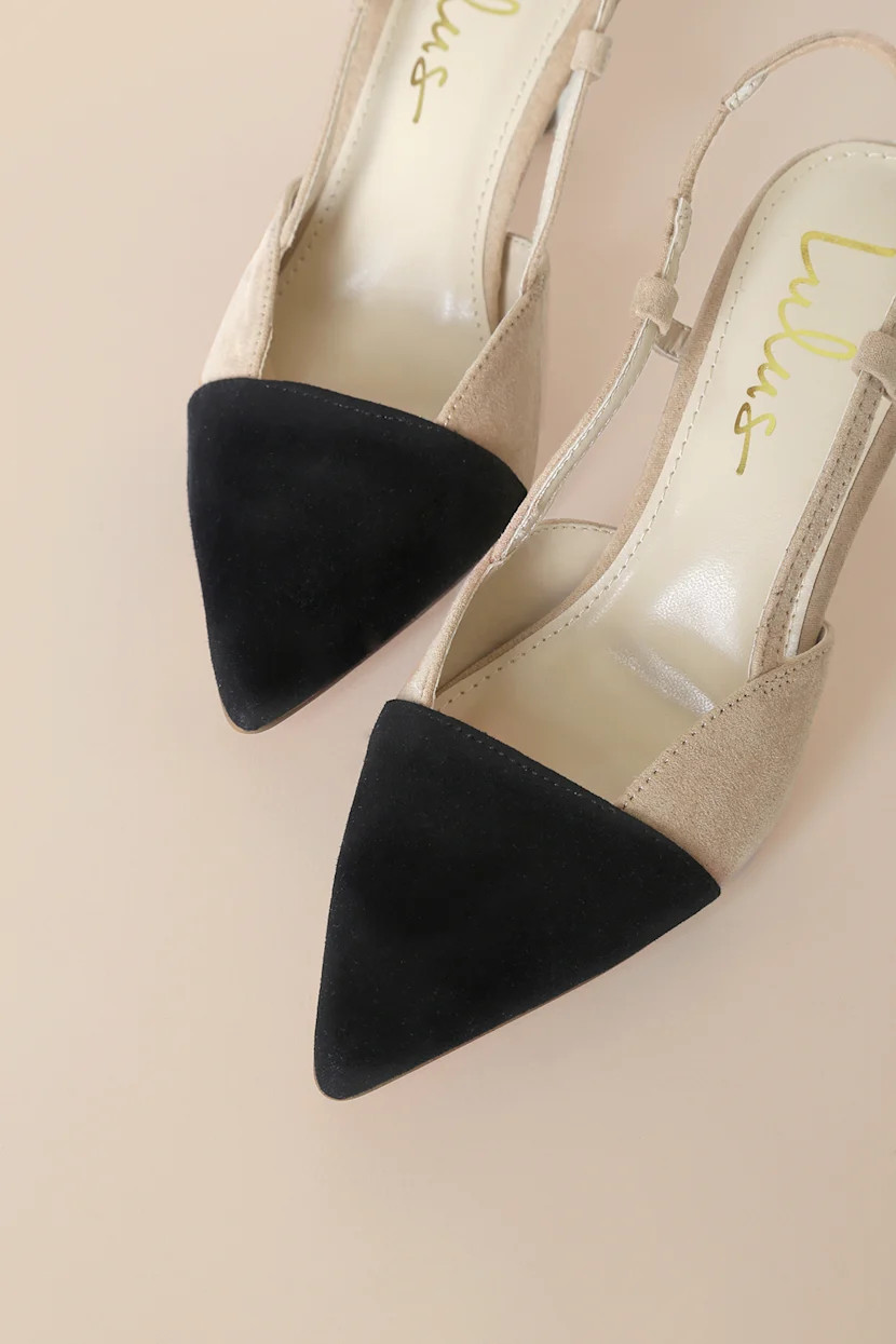 Steviee Black and Beige Pointed-Toe Slingback Pumps | Lulus