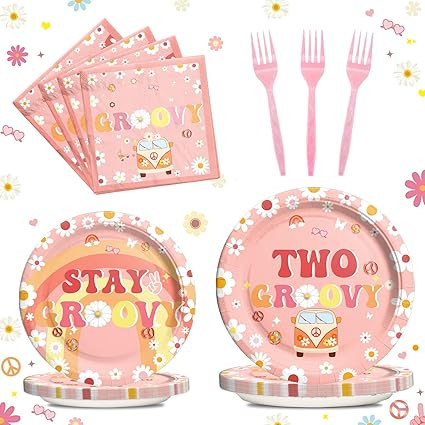 Two Groovy Supplies Girl Tableware Set, Two Groovy Party Decorations, 2nd Birthday Decorations Gi... | Amazon (US)
