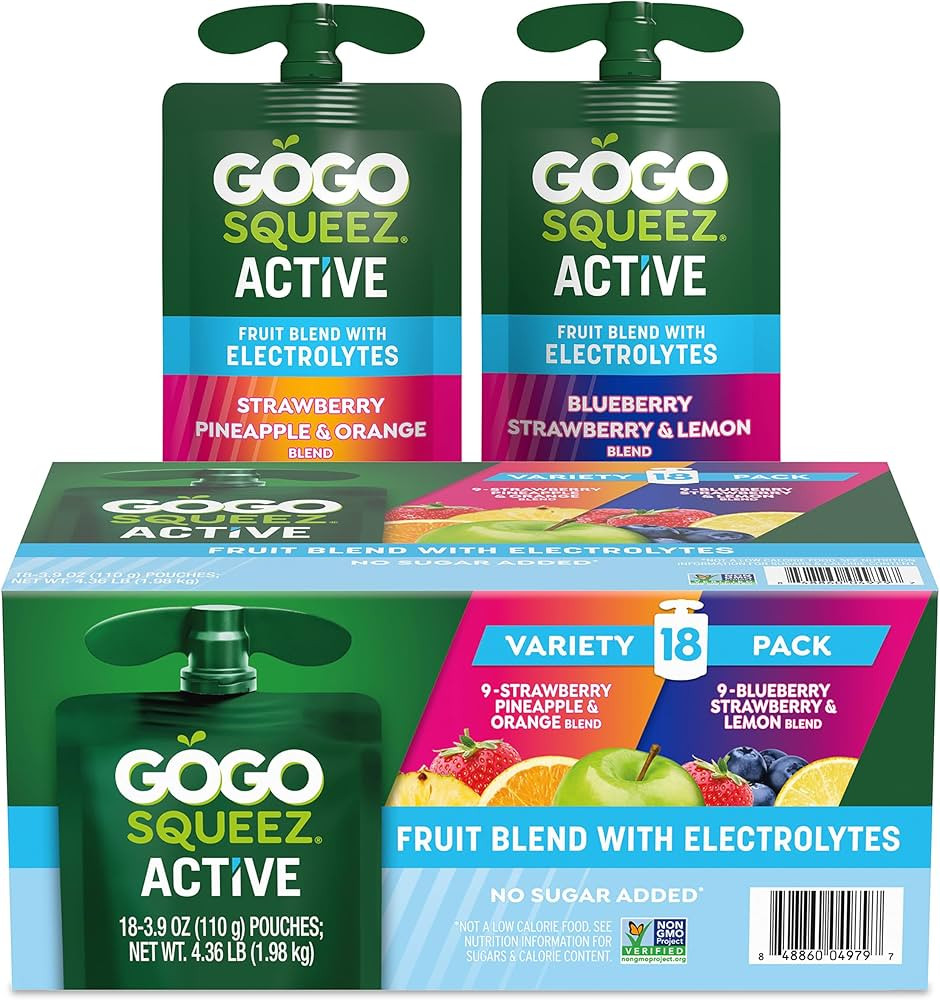 GoGo squeeZ Active Fruit Blend with Electrolytes | 18-Count Variety Pack | Blueberry Strawberry L... | Amazon (US)