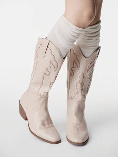 ROMWE Fairycore Botas medias para mujer, botas occidentales blancas con tacón grueso, botas tipo... | SHEIN